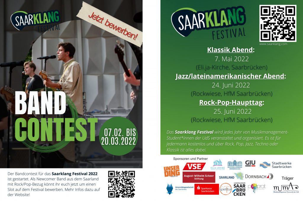 Wir sind Kooperationspartner des Saarklang Festivals. Bewerbt Euch jetzt beim Band Contest noch bis zum 20.03.22.